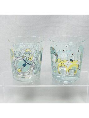 IKEA Animal Print 2 Drinking Glasses 10 Oz Elephant & Penguin Design Lowball